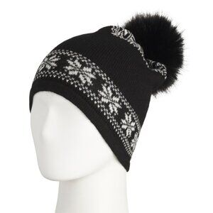 NEW HANNAH ROSE Merino Wool Snowflake Hat with Faux Pom Pom Black 267tn